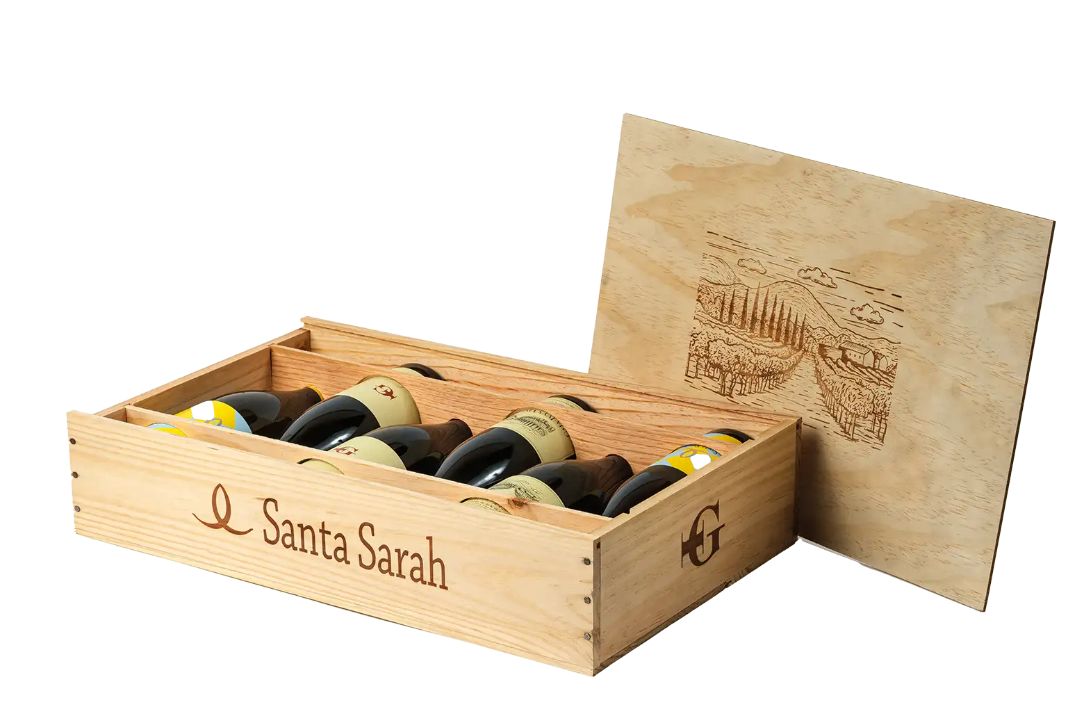 Pinot Noir, Syrah, Chardonnay in wooden crate